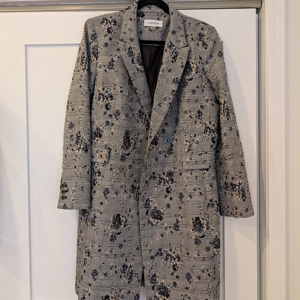 Calvin Klein Black Hound tooth with Floral Pattern Long Blazer Jacket